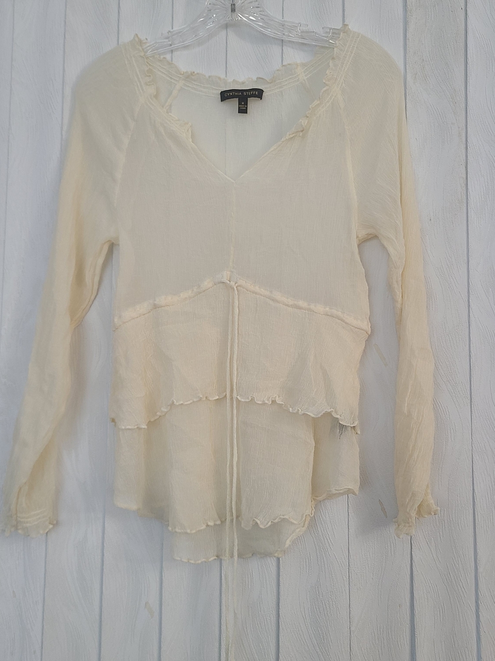 Cynthia Steffe Sz M Ivory Sheer Lightweight Crinkle Silk Boho Cottagecore Top